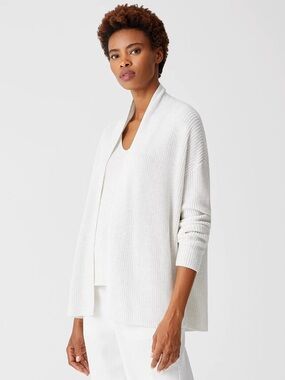 Eileen Fisher Organic Cotton Hemp Open Front Cardigan White Shawl Collar Size M